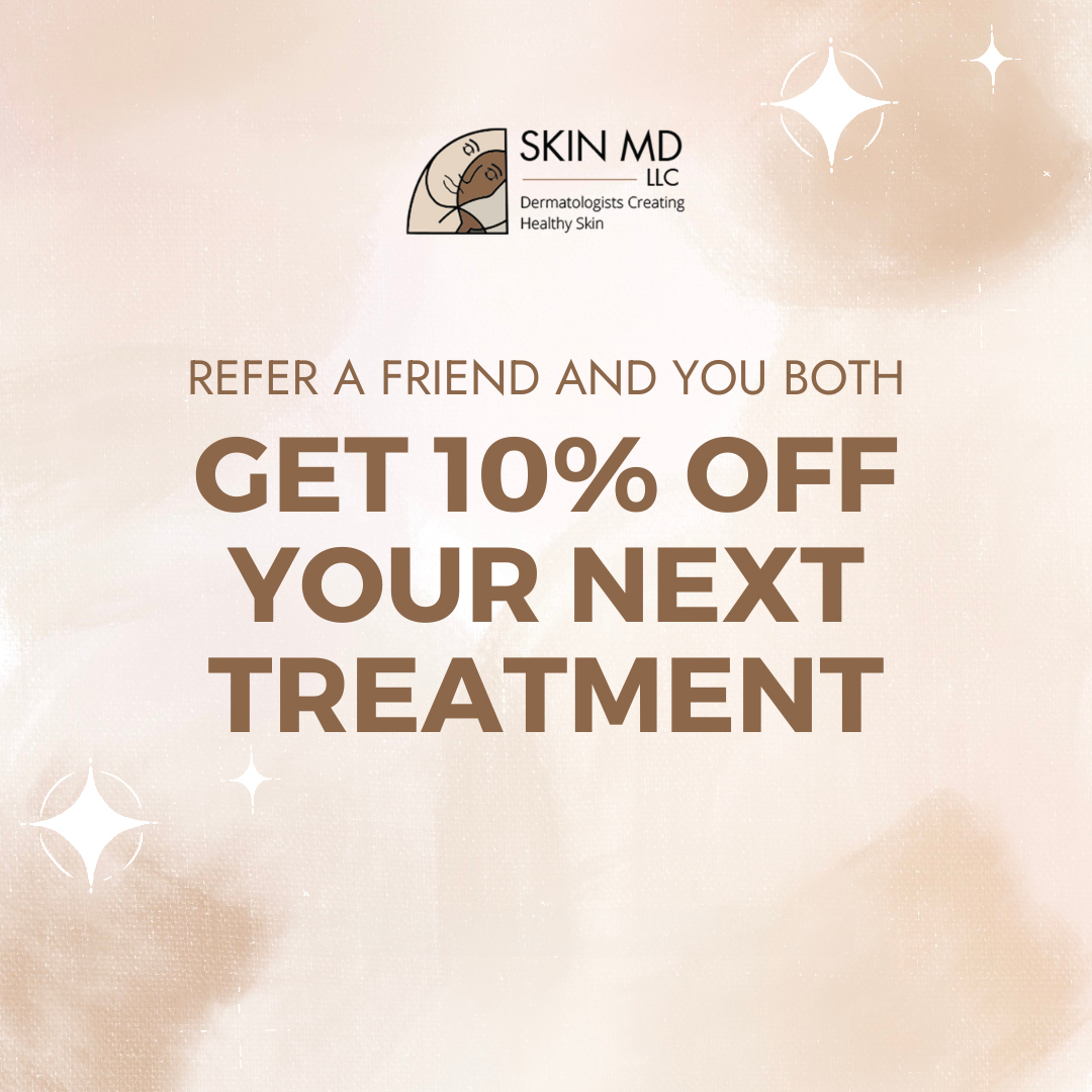 A promotional graphic for Skin MD LLC featuring a referral program