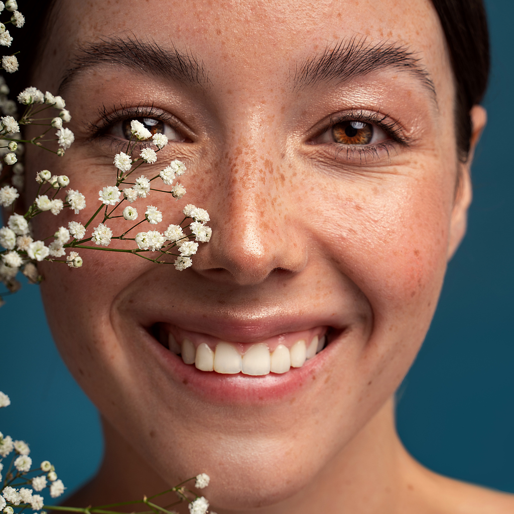 A woman smiles after receiving cosmetic dermatology treatments like Botox and microneedling, showcasing her revitalized and glowing skin at the start of spring.